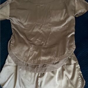Express Sleepwear Pajama Set Top and Shorts Taupe Brown Satin Medium